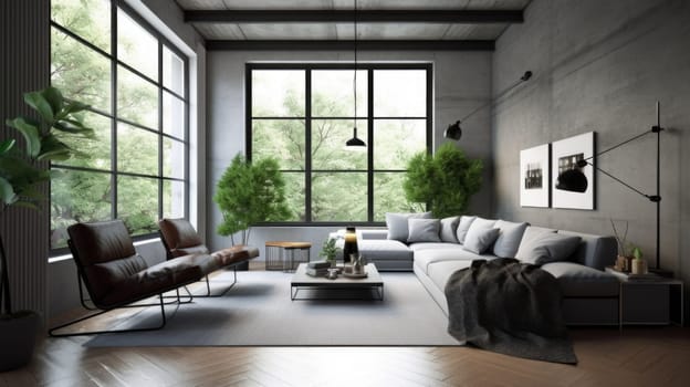 Living room decor, home interior design . Modern Industrial style with Large Window decorated with Concrete and Metal material . Generative AI AIG26.