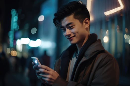 Low angle shot of a young chinese japanese man trendy clothes using mobile phone with background of urban city street at night. Generative AI AIG18.