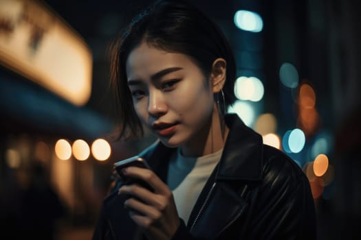 Low angle shot of a young chinese japanese woman trendy clothes using mobile phone with background of urban city street at night. Generative AI AIG18.