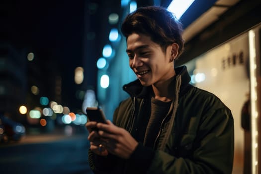 Wide angle shot of a young chinese japanese man trendy clothes using mobile phone with background of urban city street at night. Generative AI AIG18.