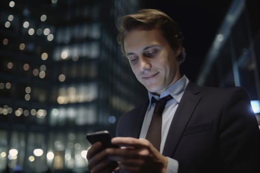 a young caucasian businessman executive using mobile phone with background of modern office buildings at night Generative AI AIG18.