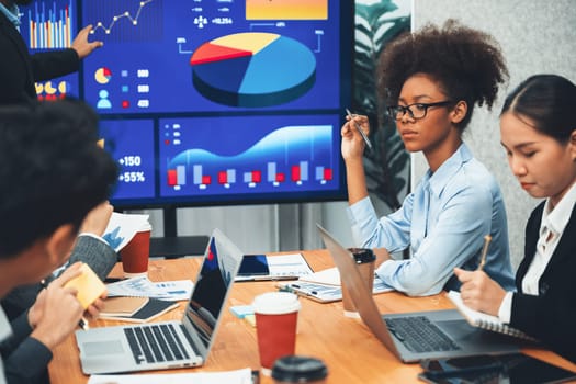 Multiracial analyst team use BI dashboard data to analyze financial report on meeting table. Group of diverse business people utilize data analysis by FIntech for business marketing decision. Concord