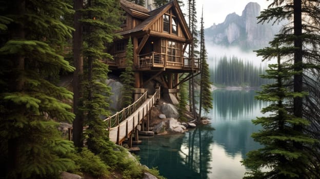 The vintage lakeside treehouse exterior at moraine lake in Canada. Generative AI image AIG30.