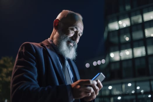 a senior caucasian businessman executive using mobile phone with background of modern office buildings at night Generative AI AIG18.