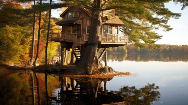 The vintage wooden lakeside treehouse exterior in Canada. Generative AI image AIG30.
