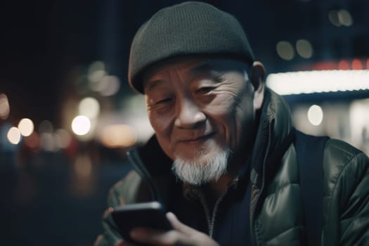 a senior chinese japanese man trendy clothes using mobile phone with background of urban city street at night Generative AI AIG18.