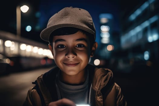 Wide angle shot of a young mexican hispanic 10-year-old little boy trendy clothes using mobile phone with background of urban city street at night. Generative AI AIG18.