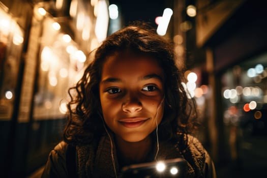 Wide angle shot of a young mexican hispanic 10-year-old little girl trendy clothes using mobile phone with background of urban city street at night. Generative AI AIG18.
