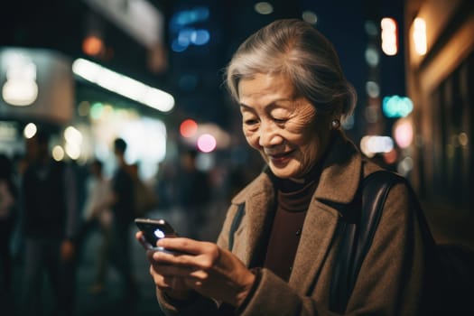 a senior chinese japanese woman trendy clothes using mobile phone with background of urban city street at night Generative AI AIG18.