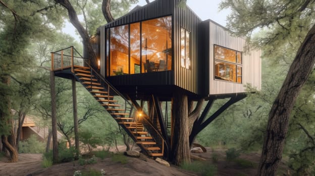 The exterior design of modern and luxurious treehouse in the forest. Generative AI image AIG30.