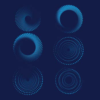 Halftone blue circle dot abstract background. Set of dotted circle dot circle frames isolated on dark blue background.Design elements.
