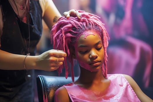 Young African American woman gets her hair dyed pink in a salon. Generative AI. High quality illustration