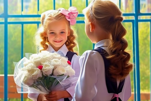 Portrait of a first-grader with a bouquet of flowers. Generative AI. High quality illustration