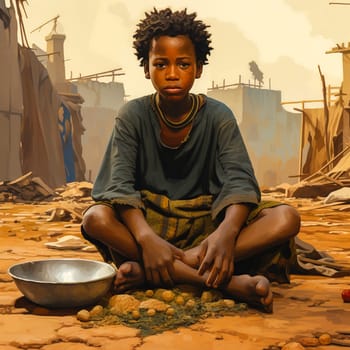 African hungry boy sits on the ground and eats. Generative AI. High quality illustration