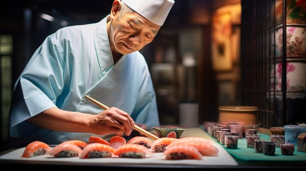 The chef prepares sushi, rolls in the restaurant. Generative AI. High quality illustration