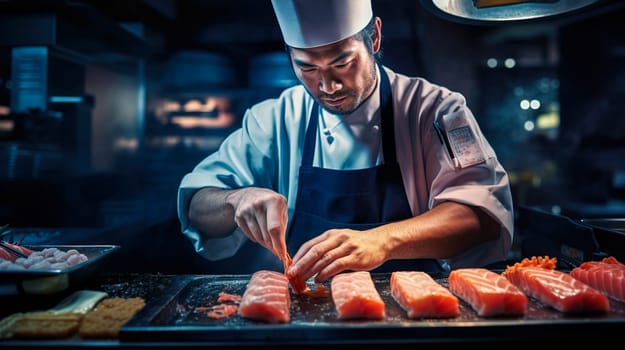 The chef prepares sushi, rolls in the restaurant. Generative AI. High quality illustration