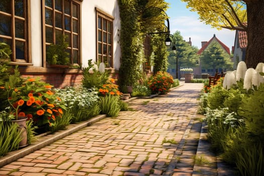 Clinker brick path to the house, landscaping. Generative AI. High quality illustration