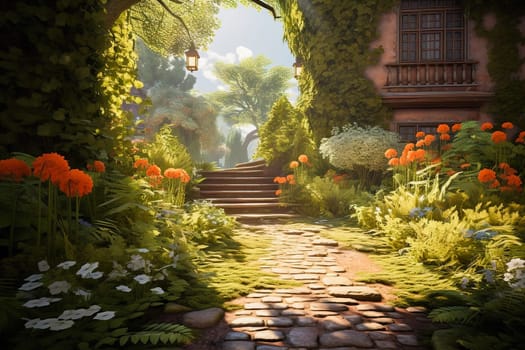 Clinker brick path to the house, landscaping. Generative AI. High quality illustration