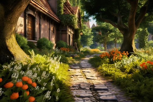 Clinker brick path to the house, landscaping. Generative AI. High quality illustration