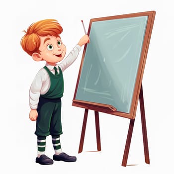 The first grader stands at the blackboard. Generative AI. High quality illustration