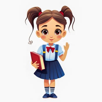 A first-grader in a school uniform with a textbook in her hands. Generative AI. High quality illustration