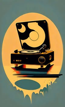 Artistic bright poster on the wall for printing in large format. A stylized poster from an old music player on vinyl discs. AI generated