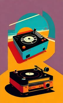 Artistic bright poster on the wall for printing in large format. A stylized poster from an old music player on vinyl discs. AI generated