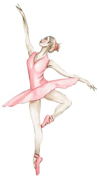 Watercolor dancing ballerina in red dress. Isolated dancing ballerina. Hand drawn classic ballet performance, pose. Young pretty ballerina women illustration. Can be used for postcard and posters.