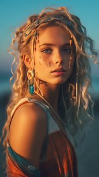 a pretty young woman with long curly hair in front of the sunrise - Generative AI