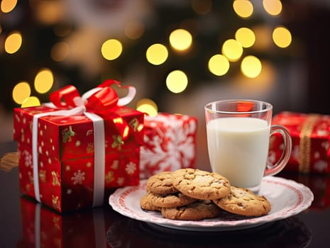 Closeup professional color grading photography of Christmas cookies, glass of milk, and gift boxes with blurred Christmas tree in the background. Generative AI.