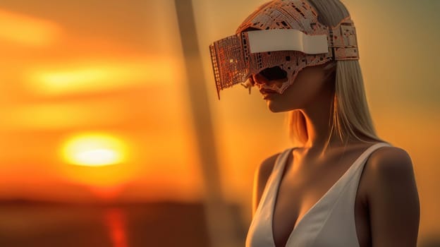 Modeling woman wearing virtual reality with haute couture dress style and shooting fashion in sunset. Generative AI AIG27.