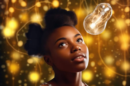 bright light bulb float above of young african woman's head. beautiful Generative AI AIG32
