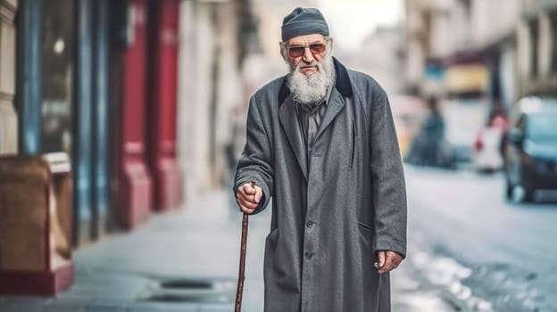 portrait of an old man with a cane in the city, made with Generative AI. High quality illustration