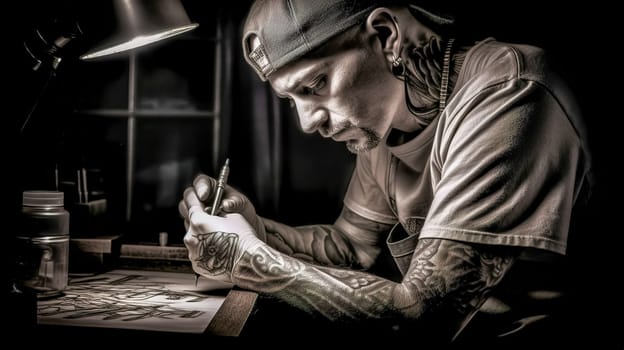 arm art artist, tattooed man in art workshop, made with Generative AI. High quality illustration