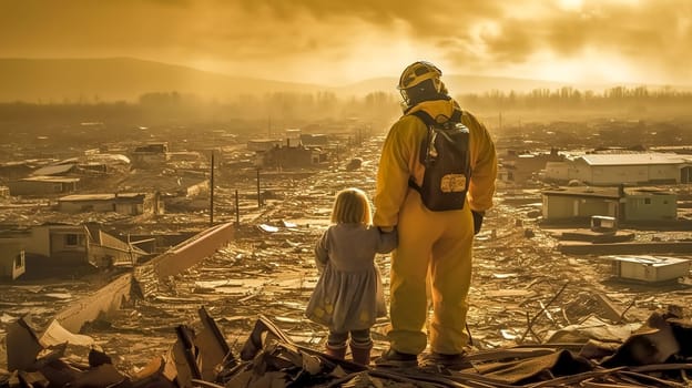 a volunteer firefighter with a child looking at the destroyed city, natural elements and the war, made with Generative AI. High quality illustration