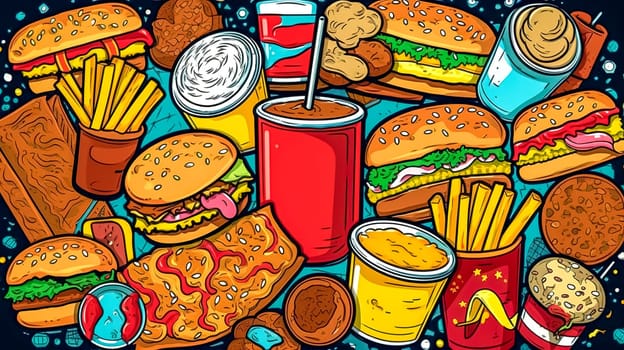 fast junk food, unhealthy foods contributing to obesity, made with Generative AI. High quality illustration
