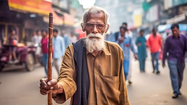 portrait of an old man with a cane in the city, made with Generative AI. High quality illustration