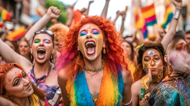 woman at lgbt pride parade, made with Generative AI. High quality illustration