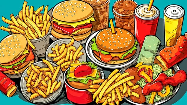 fast junk food, unhealthy foods contributing to obesity, made with Generative AI. High quality illustration