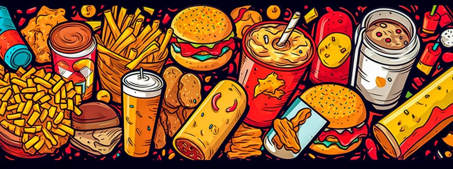 fast junk food, unhealthy foods contributing to obesity, made with Generative AI. High quality illustration