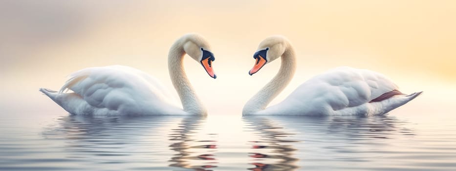 romantic pair of swans in love forms a heart shape on the surface of the water, banner made with Generative AI. High quality illustration