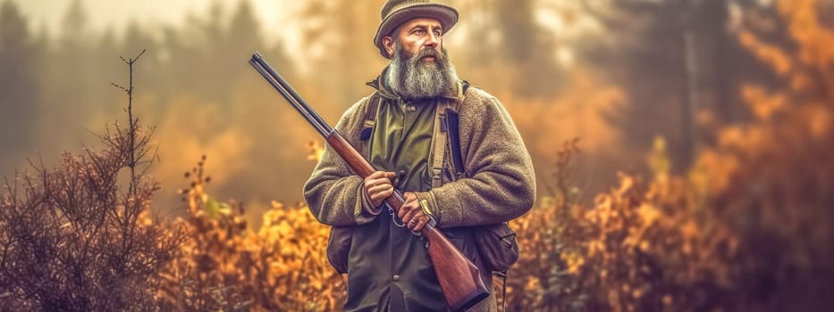 hunter with a gun in the forest, banner made with Generative AI. High quality illustration