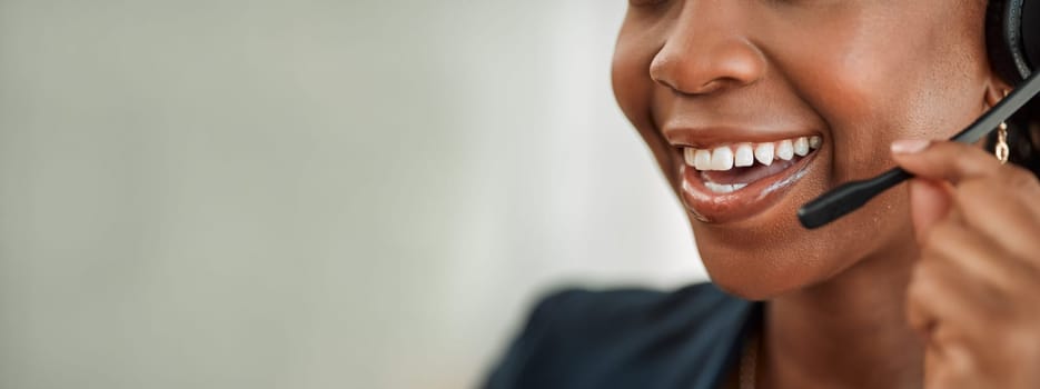 Call center, banner or mouth of happy woman in communication or talking at customer service. Closeup of smile, mockup space or friendly agent consulting on mic at telemarketing of technical support.