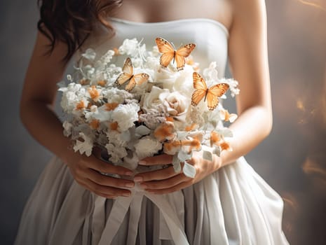 Close up photo of woman hands holding an elegant bridal bouquet with real flowers and decorated with silk butterflies. Generative AI.