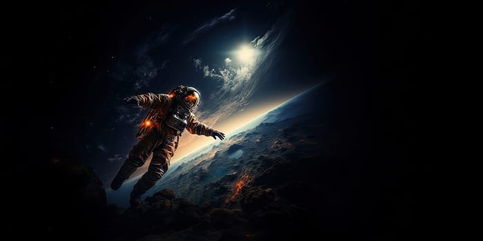 Astronaut lost in space. Lonely spaceman in open space. Concept about interstellar missions on the moon. Generative ai.