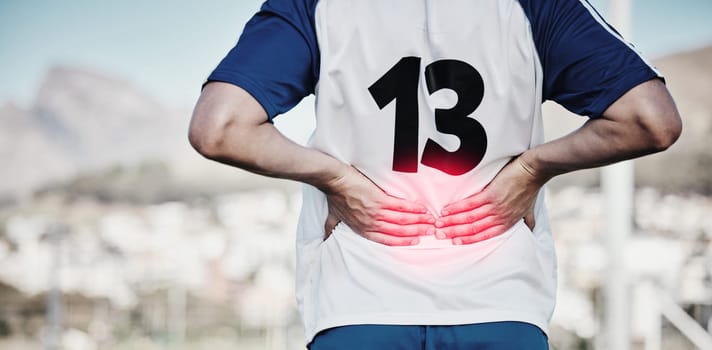 Back pain, red and hands of sports person or football player in graphic overlay for running or cardio injury outdoor. Workout, fitness and soccer people with training, spine risk or medical emergency.