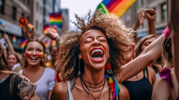 woman at lgbt pride parade, made with Generative AI. High quality illustration