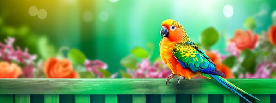 colorful bird on the fence among the flowers, banner made with Generative AI. High quality illustration