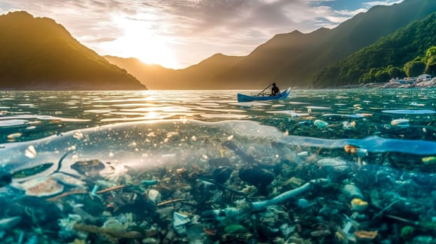 plastic waste in ocean waters, global pollution of the planet, made with Generative AI. High quality illustration