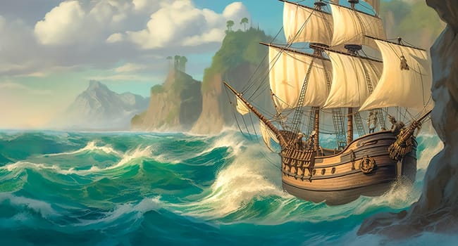 historical sailing ship at sea, made with Generative AI. High quality illustration